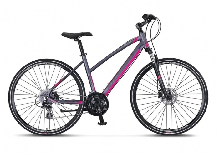 Bicicleta Trekking Mosso Legarda 2221-LSM, frana hidraulica, roata 28", culoare gri/roz, cadru din aluminiu - 460mm