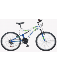 Bicicleta MTB Tec Master full suspensie, culoare alb/albastru/verde, roata 26", cadru din otel