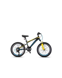 Bicicleta copii Kron XC 75 MTB Boy, roata 20", 7 viteze, cardu 11" din aluminiu, culoare negru/galben/albastru